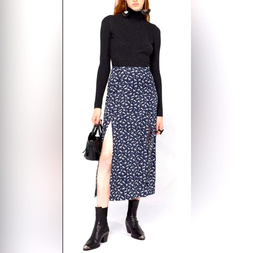 Maje Paris Blue Horse Print Button-Front Midi Skirt Size 36 (US 4)